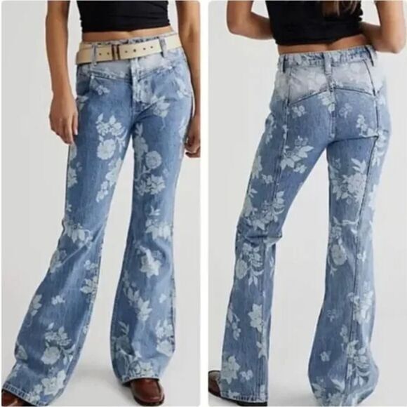 NEW Free People We The Free Naiomi floral print flare‎ jeans, 27 - Picture 1 of 14